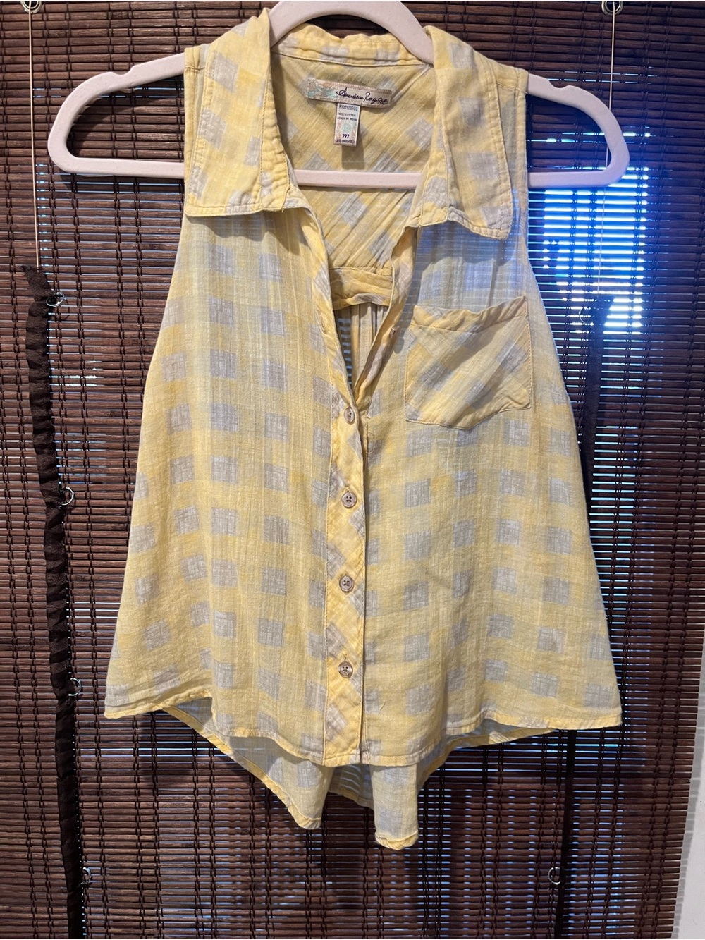 American Rag Yellow and White Sleeveless Plaid Button-Front Top